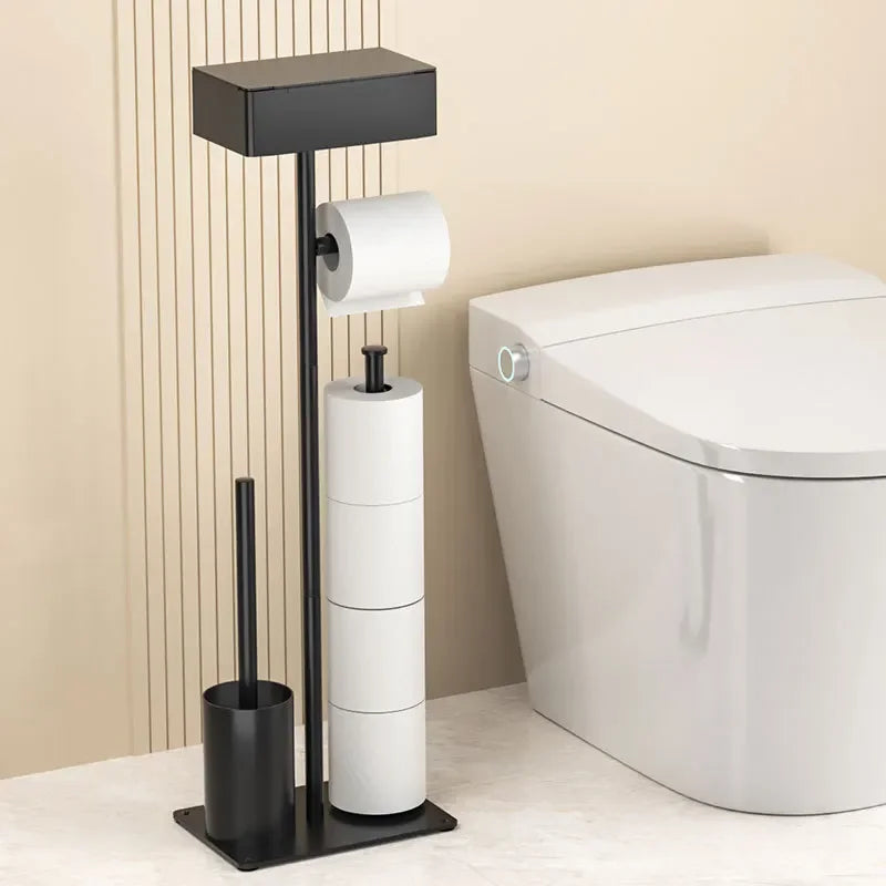 Black Metal Floor Standing Toilet Paper Holder and Toilet Brush Set