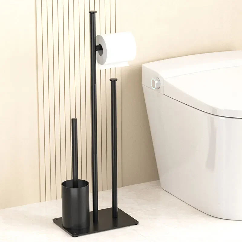 Black Metal Floor Standing Toilet Paper Holder and Toilet Brush Set