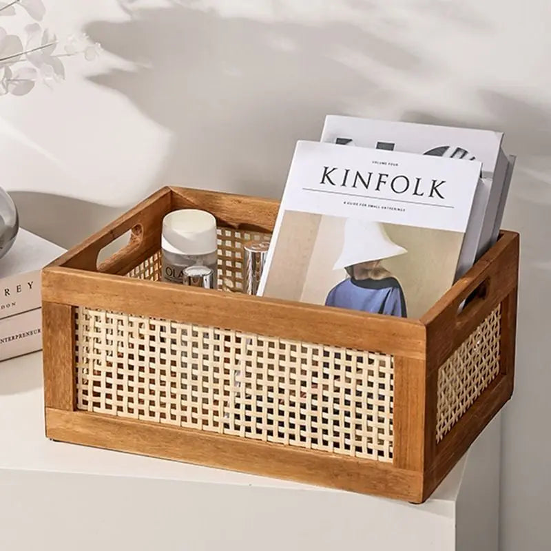Solid Wood Storage Box with Rattan
