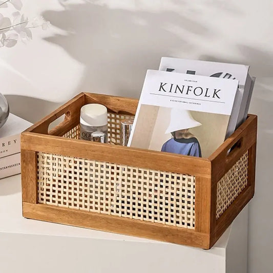 Solid Wood Storage Box with Rattan