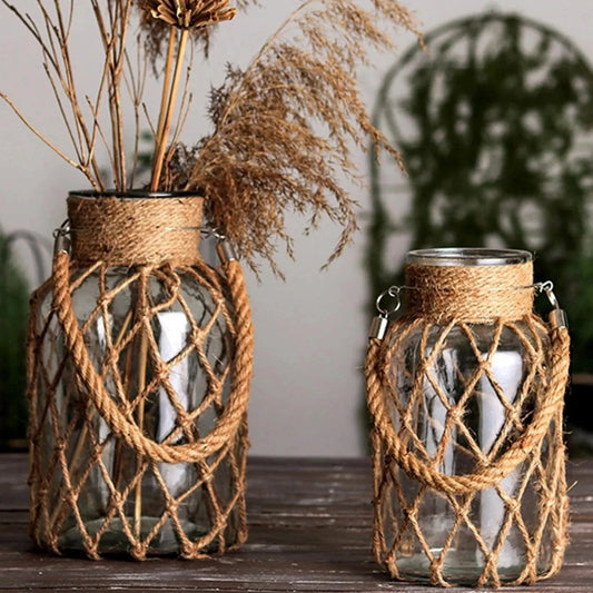 Rustic Hanging Rope and Glass Vases