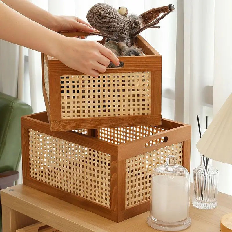 Solid Wood Storage Box with Rattan