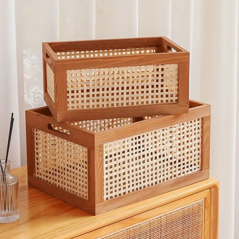 Solid Wood Storage Box with Rattan