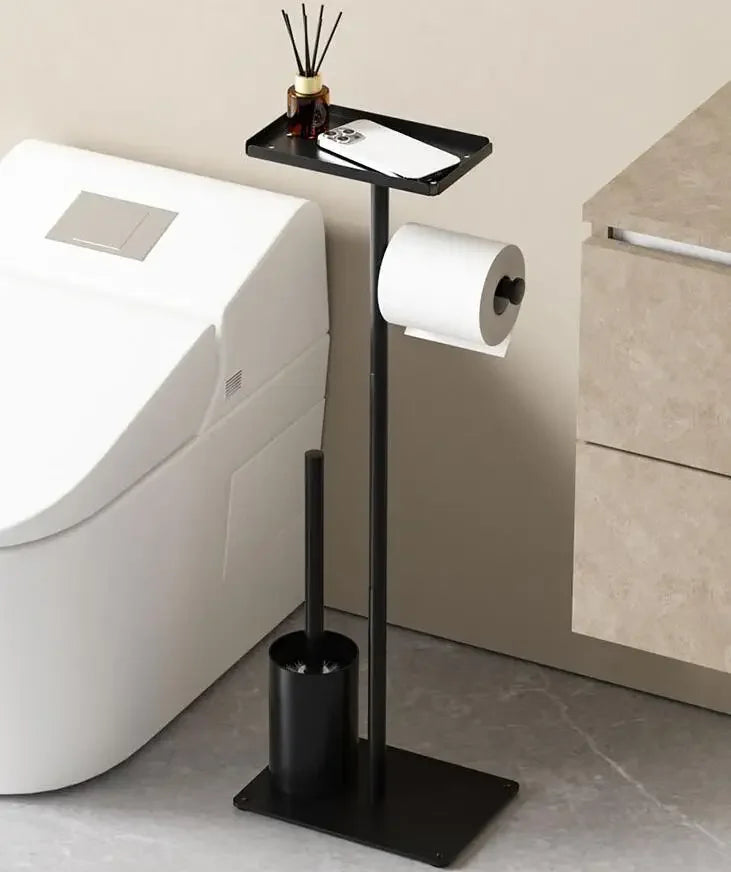 Black Metal Floor Standing Toilet Paper Holder and Toilet Brush Set