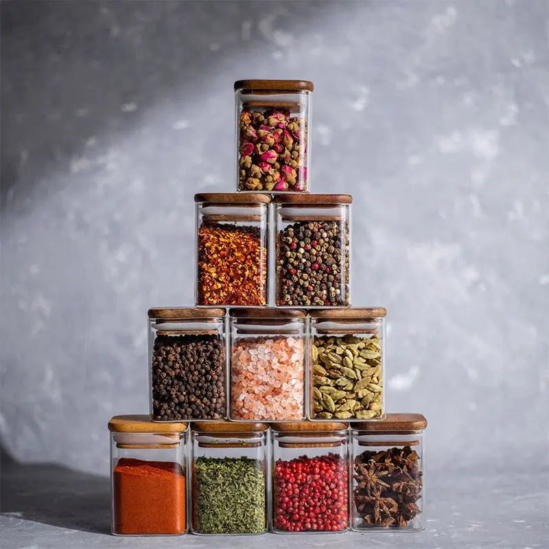 Square Glass Storage Jars with Acacia Wood Lids