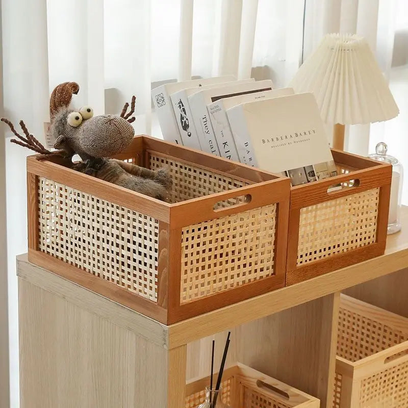 Solid Wood Storage Box with Rattan