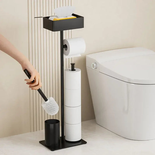 Black Metal Floor Standing Toilet Paper Holder and Toilet Brush Set