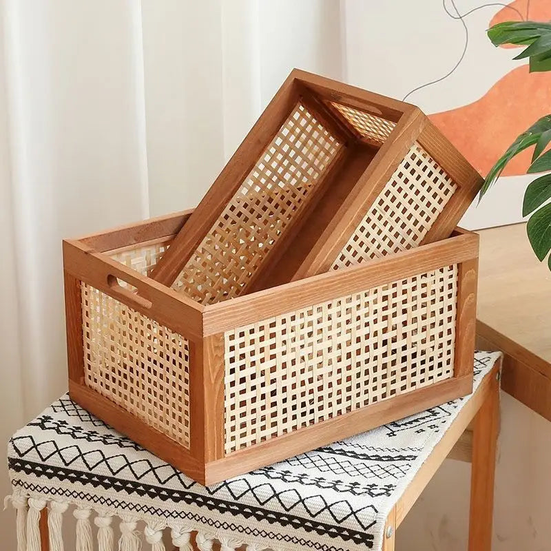 Solid Wood Storage Box with Rattan