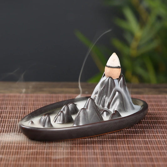 Ceramic Mountain Zen Waterfall Incense Cone Burner