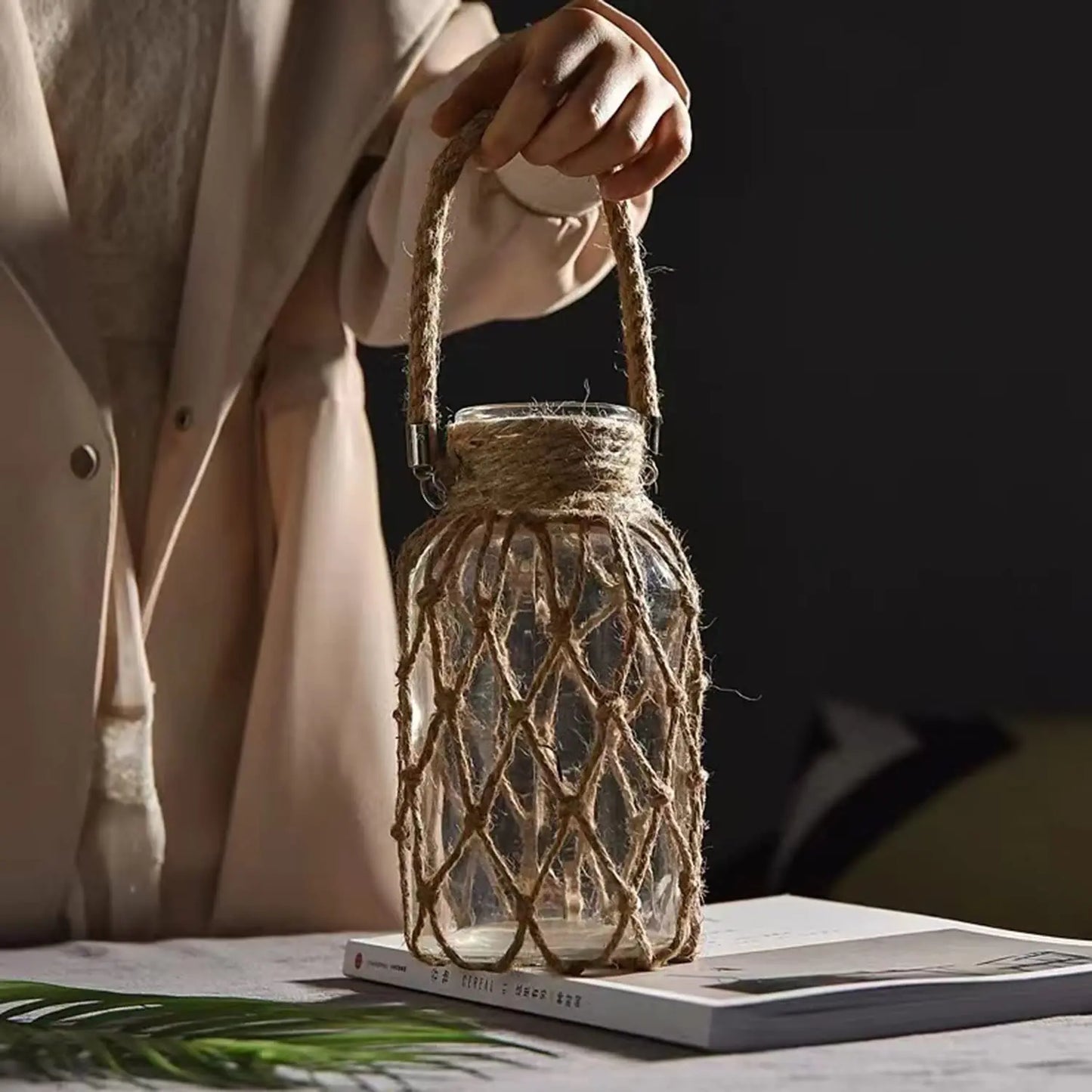 Rustic Hanging Rope and Glass Vases